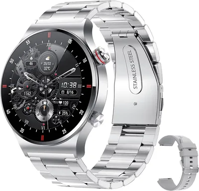 A smartwatch with a metal band and a spare gray band is displayed against a white background.