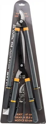 A set of garden shears and pruning shears packaged on a cardboard backing.