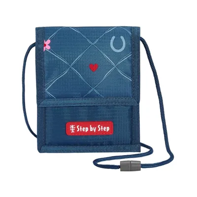 A blue neck pouch with a lanyard is shown against a white background.