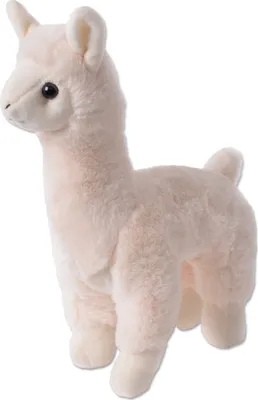 A plush toy llama stands on a white background.