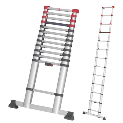 Two aluminum telescopic ladders are shown against a white background. One is partially extended and leaning, while the other is fully extended and standing upright.