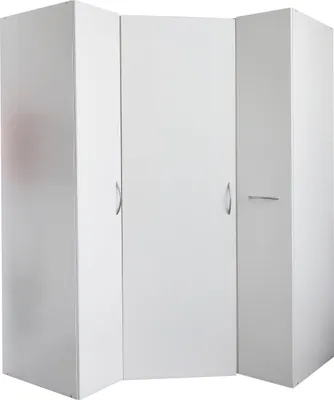 A white corner cabinet with three doors.