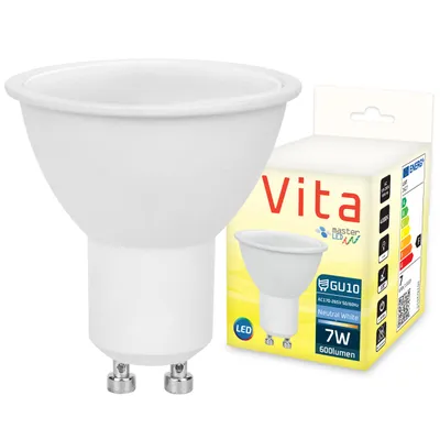 A white LED light bulb and its packaging are shown against a white background.