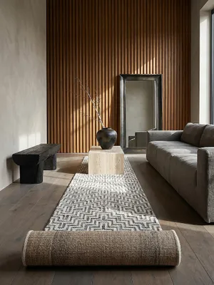 Produktbild von Teppichläufer Kurzflor Zickzack Muster Polyester Grau 80x300 cm Diele Eingang Modern ARLEN | Kadima Design