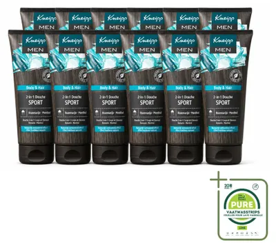 Immagine prodotto di 12 confezioni di Kneipp Men, bagnoschiuma e shampoo 2-in-1 per sport, da 200 ml ciascuna - confezione grande - 12 pezzi