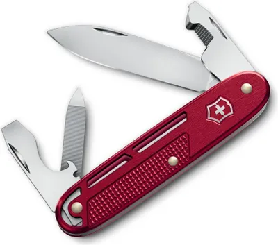 A red multi-tool pocket knife is shown against a white background.