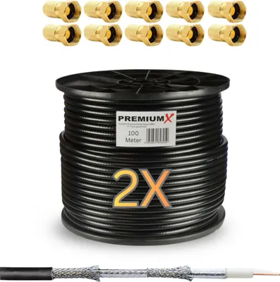 Produktbild von PremiumX 2x 100m BASIC Koaxialkabel 135dB 4-fach SAT Koax Kabel 20x F-Stecker