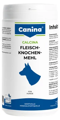 Produktbild von Canina Calcina Fleischknochenmehl, Hund, 800 g, Zahnpflege, Kalzium, Phosphorus, 50,3% Protein, 5,9% Phosphor, 12,6% Fettgehalt, 27,4% Rohasche, 12,2% Calcium, 1 Stück(e)