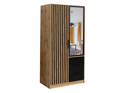 A wardrobe with wooden slats and a mirrored door, set against a white background.