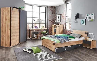 A bedroom set featuring a bed, wardrobe, and desk.