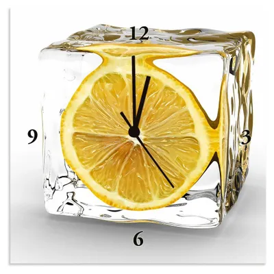 A clock with a lemon slice frozen in an ice cube.