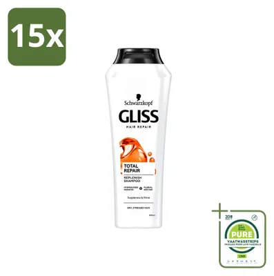 Productafbeelding van 15 x Gliss Kur Total Repair Shampoo - Repareert en versterkt - 400 ml - Grote verpakking - 15 stuks