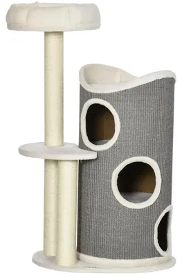 Image de Arbre à chat avec griffoir en carton et panier | Couleur : Blanc et gris | Dimensions : 44,5 x 60 x 109 cm