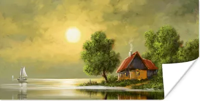 Produktbild von MuchoWow® Poster Gemälde - Ölfarbe - Haus - Natur - Wasser 160x80 cm - Foto Poster