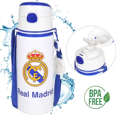 Produktbild von Real Madrid Aluminium THERMALFLASCHE, Mundstück, WASSERFLASCHE mit Schulterriemen 600ml