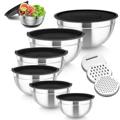 Produktbild von Rührschüssel edelstahl set mit deckel & reiben, 5-teilig Salatschüssel, stapelbar, spülmaschinenfest,0.8L/1.1L/1.4L/1.8L/2.3L