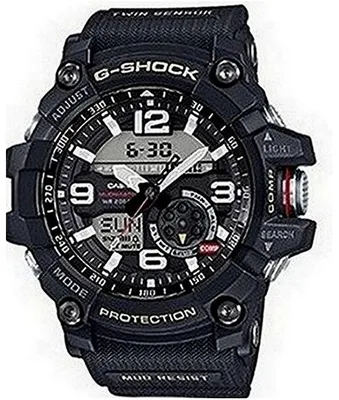 A close-up studio shot of a black G-Shock watch.