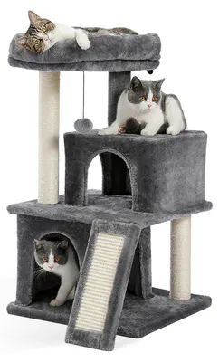 Produktbild von Kratzbaum für Wohnungskatzen - Kletterturm mit 4 Ebenen - 2 Höhlen - Sisal Kratzstämme - Kratzmatte und Spielzeug - 104 cm grau