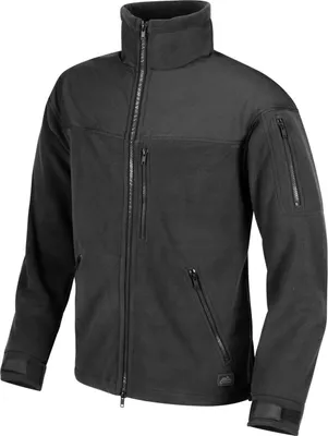 A black fleece jacket with multiple zippered pockets.