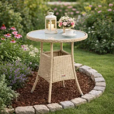 Produktbild von Beistelltisch Tisch Polyrattan Gartentisch Rattan Balkontisch Rund Beige