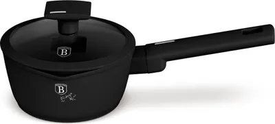 A black cooking pot with a glass lid and a black handle, shown from a side angle on a white background.