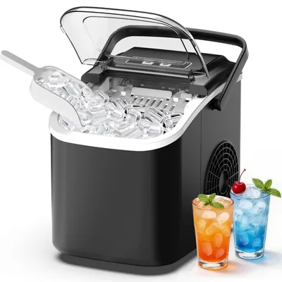 Produktbild von Eiswürfelmaschine 12kg/24h, 8 Eiswürfel in 6–13 Minuten, 2 Eiswürfelgrößen, Selbstreinigungsfunktion, LED-Anzeige, tragbar, Schwarz