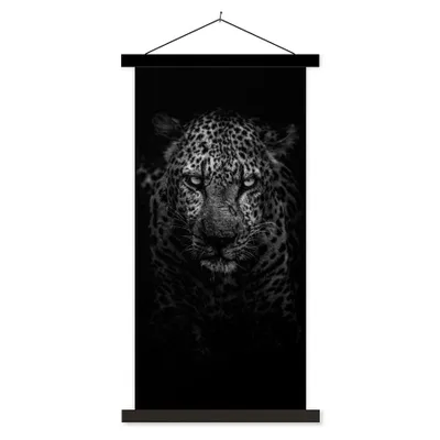 Produktbild von MuchoWow® Textilposter Leopard - Schwarz - Weiß 90x180 cm mit schwarzem Rahmen - Dekoration Wohnzimmer