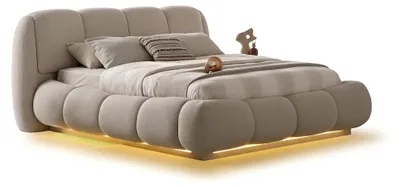Immagine prodotto di Letto imbottito moderno, beige, design  tessuto boucle, matrimoniale, effetto velluto