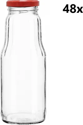 Obrázok produktu pre Fľaša na džús 300 ml FRUCT číra 48 ks VČETNE ČERVENÉHO UZÁVERU, počet kusov v balení: 48