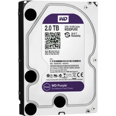 A Western Digital 2TB Purple surveillance hard drive is shown against a white background.