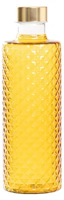 Immagine prodotto di Isolano Bottiglia di Design in Vetro Borosilicato Soffiato a Mano Effetto Diamantato Colore Giallo Oro con Tappi Satinati Oro e Argento Elegante