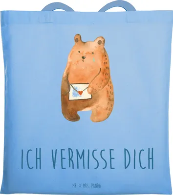 Produktbild von Mr. & Mrs. Panda Beutel Bär Vermissen - Sky Blue - Geschenk, dokumententasche, Shopping Tasche, Freund, Liebeskummer, Einkaufstasche, Jutebeutel, Verreist, Freundin