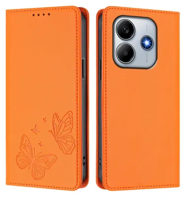Obrázek produktu pro Kožené pouzdro pro Xiaomi Poco M7 Pro 5G/Redmi Note 14 5G, motýlí ražbou, peněženkové flip pouzdro se stojánkem Oranžová