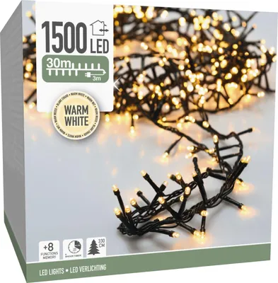 Produktbild von LED-Clusterlichterkette warmweiß, 1500 LEDs, Grünes Kabel, Innen/Außen, 33m