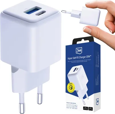 Obrázek produktu pro Bílý síťový nabíječ, rychlé nabíjení 20W QC4+ PD PPS, dva porty USB-C USB-A 3mk Hyper GaN PD Charger