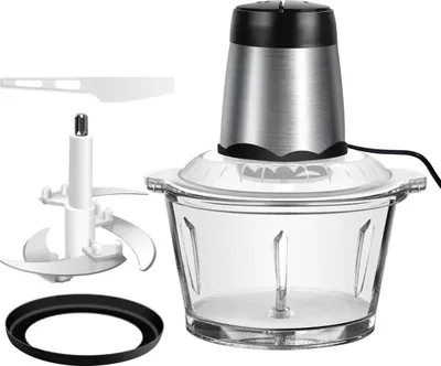 A food chopper with its accessories, displayed on a white background.