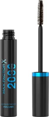 A black mascara tube with a blue band and its wand are displayed against a white background.