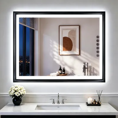 Immagine prodotto di Specchio da bagno illuminato, 80x60 cm, cornice nera, antiappannamento, 3 colori, dimmerabile, con funzione di memorizzazione, grado di protezione IP44
