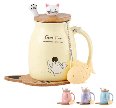 Keramik-Kaffeetasse mit Katzendeckel, 380 ml, Gelb