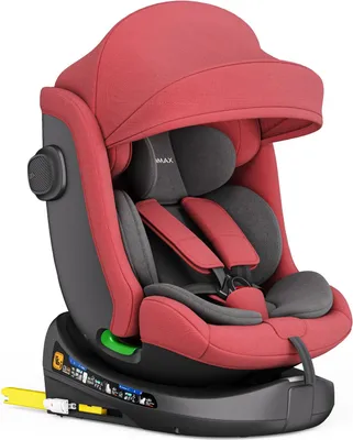 A red and gray car seat with a sun canopy.