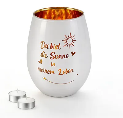 Windlicht aus Glas, weiß-gold, Gravur, inkl. 2 Kerzen