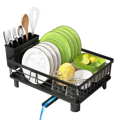 Produktbild von Abtropfgestell mit Abtropfschale, Abtropfgestell aus Edelstahl, Abtropfgestell für Spülbecken mit Abtropffläche und schwenkbarem Auslauf, Abtropfgestell, schwarz