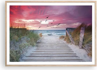 Produktbild von Gerahmtes Poster - Rahmen in heller Eiche - Strand Sand Vögel - 100x70 cm - Wand Bild - Wanddeko - Wandbilder - Kunstposter - Wandposter - Bilderrahmen - Bilder - Kunstdruck - P2NAA100x70-4994