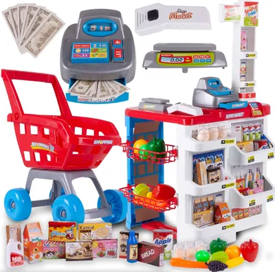 Produktbild von Malplay Supermarkt Mit Einkaufswagen Supermarkt-Spielzeugset Spielsupermarkt Scanner Spielzeug Kasse  Mit Geld Für Kinder Ab 3 Jahren