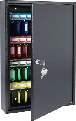 Produktbild von Schlüsselschrank aus Stahl, abschließbar mit 64 Haken, 45x30x 8 cm, HMF, Schwarz
