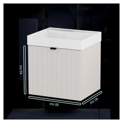 Produktbild von Esla Waschbecken mit Unterschrank – 50 cm Breite, Gussmarmor Waschbecken in Weiß mit Unterschrank in Grau, 2 Schubladen mit Soft-Close-System