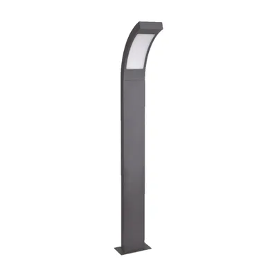 A modern, dark gray LED bollard light with a curved, illuminated top.