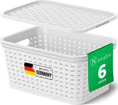 Produktbild von Novaliv 6er Set Aufbewahrungsboxen mit Deckel Mini 2L Korb Weiß in Rattan Design Lebensmittelecht Aufbewahrungskorb Stapelboxen Nestbar Kunststoff BPA-frei Kiste Verstaubboxen mit Deckel