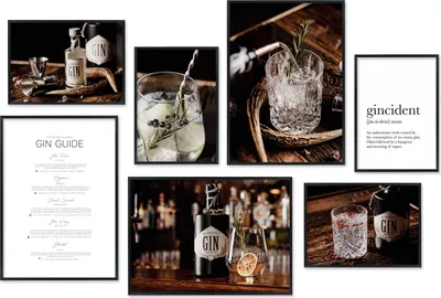 Produktbild von Hyggelig Home Premium Poster Set - 7 passende Bilder OHNE RAHMEN - Küche Bar Küchenposter Deko - Set Gin, Option:mit Rahmenset schwarz