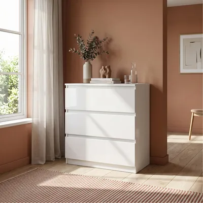 Produktbild von Masseno Kommode NUDO 70 cm Sideboard mit 3 Schubladen und  Türen für Wohnzimmer Schlafzimmer Modern 70x39x78,5 cm Weiß / Weiß